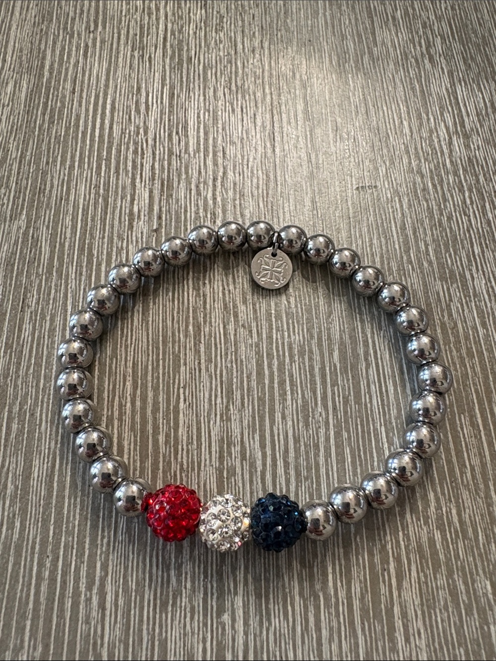 Rustic Cuff Silver Beaded Bracelet with Red, White & Blue Crystal Accents